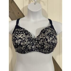 Cacique Lightly Lined Balconette Bra Navy White Floral Flowers 40DDD
